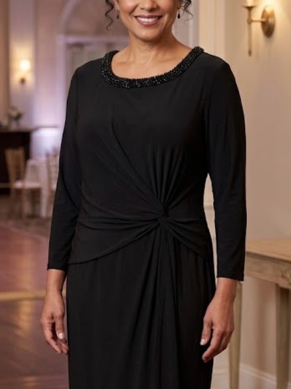Anne Klein Black Long-Sleeve Knot-Detail Dress
